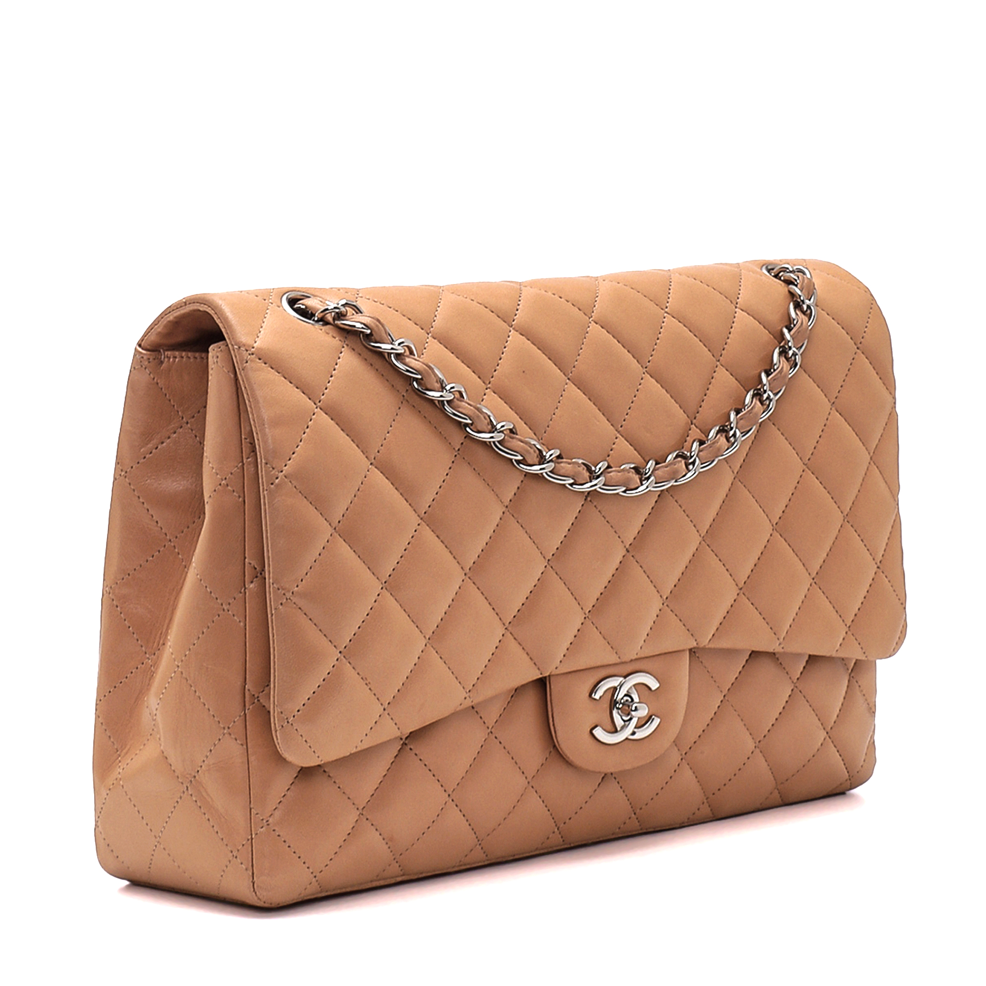 Chanel - Beige Quilted Lambskin Leather Maxi Jumbo Single Flap Bag